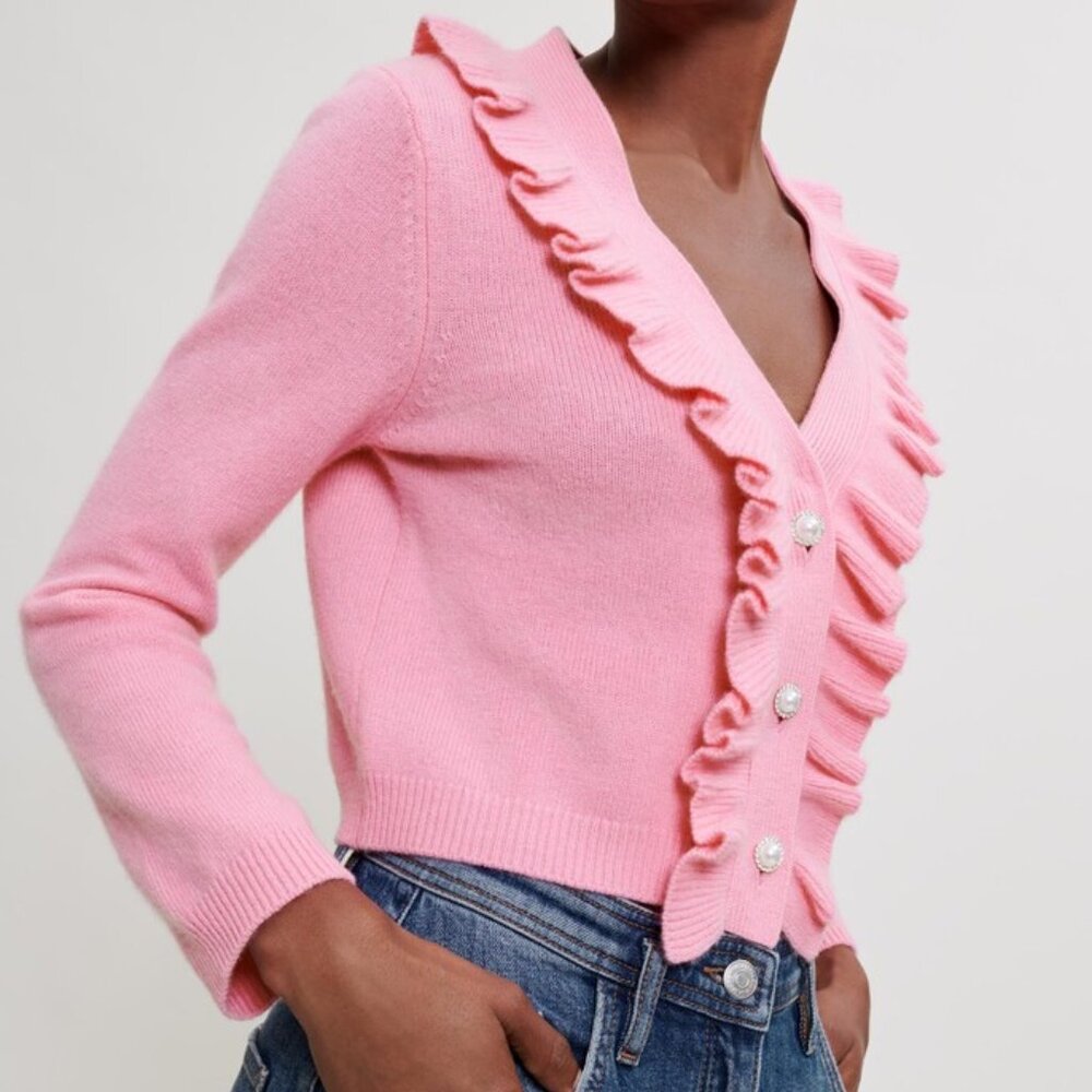 Maje Pink Ruffle-Trim V-Neck Cardigan